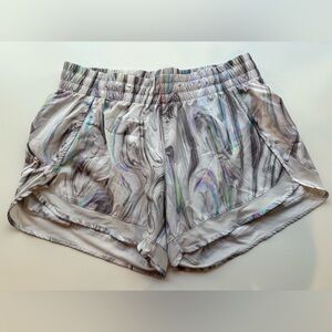 Athleta mesh racer run short. Size S. White, grey, neon swirl.